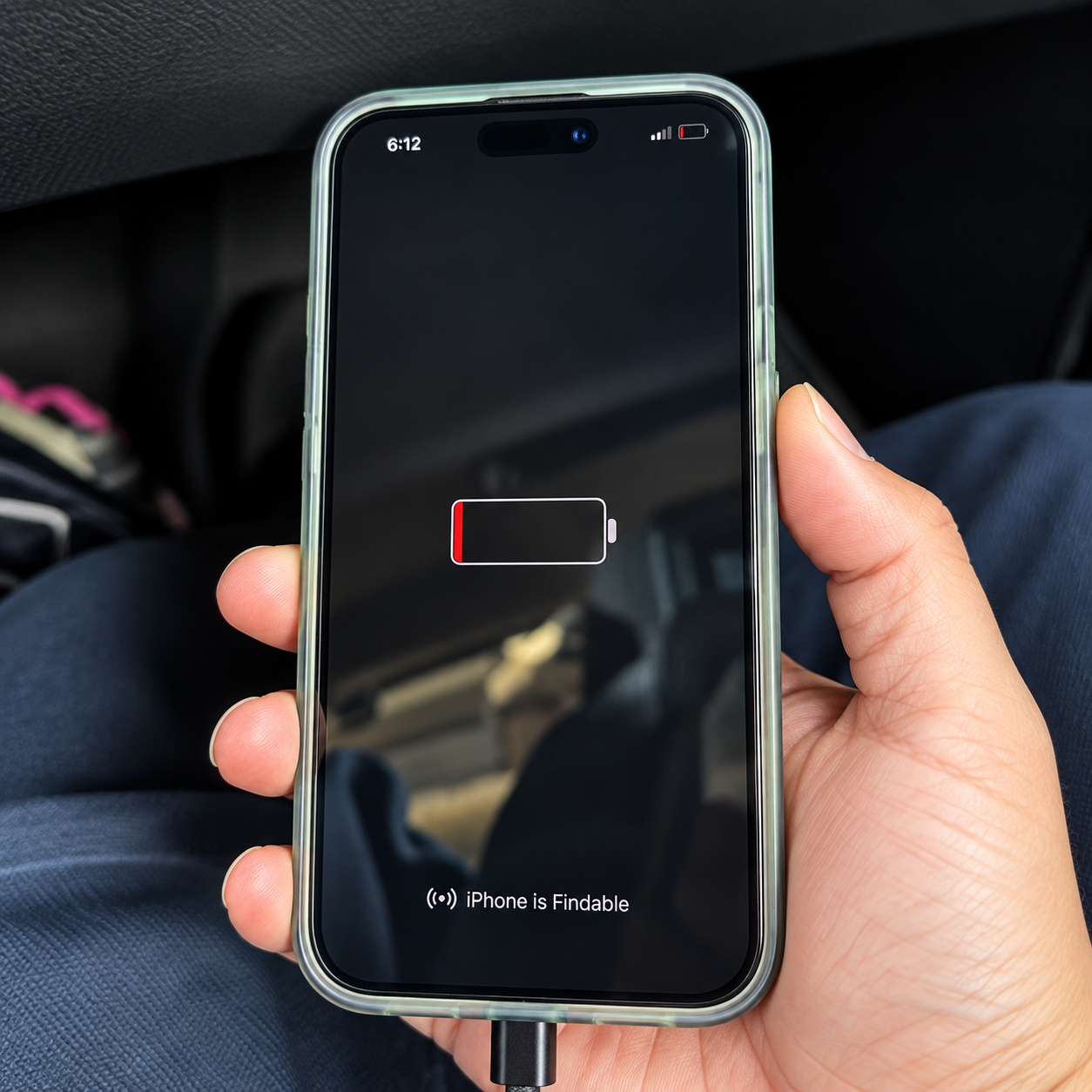 iPhone low battery screen while connected to a charging cable in a car