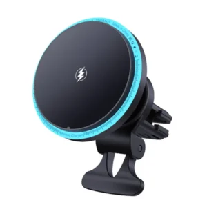 M2 magnetic wireless car charger with blue LED ambient ring light and air vent clip, front view