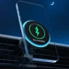 M2 magnetic car charger holding a phone on the dashboard at night, charging screen at 70 percent