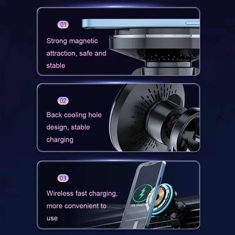 M2 magnetic car mount features: strong magnetic attraction, back cooling holes and wireless fast charging