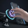 M2 magnetic wireless car charger with phone attached, purple LED ring light inside a car