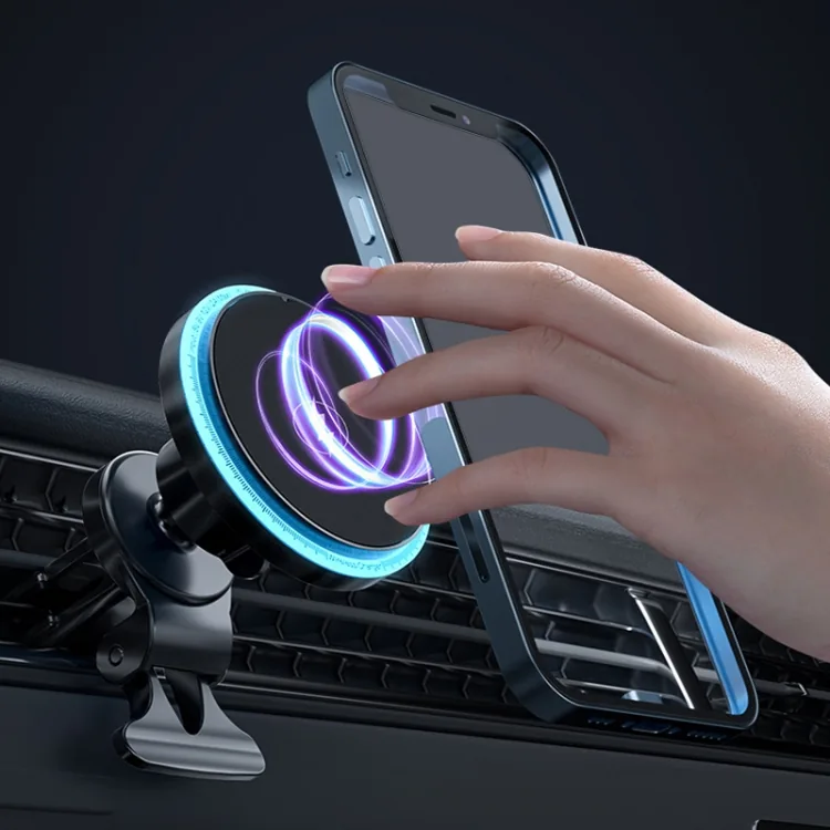 M2 magnetic wireless car charger with phone attached, purple LED ring light inside a car