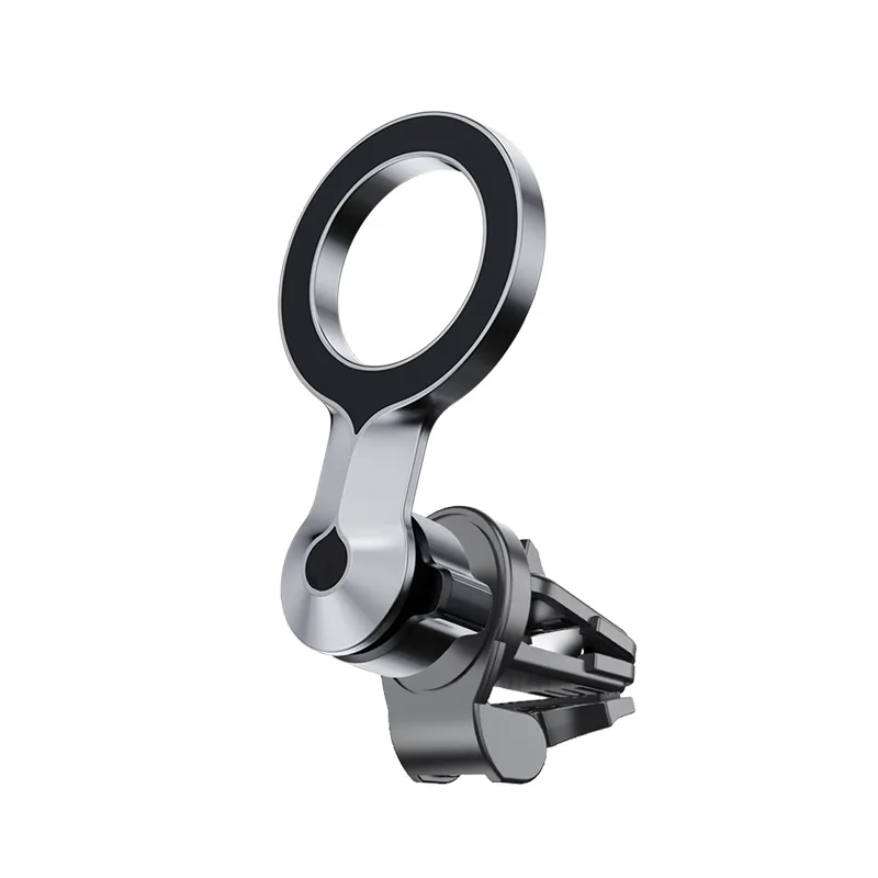 SUNDA ring-head magnetic car vent phone holder in black with silver ring face, angled studio view