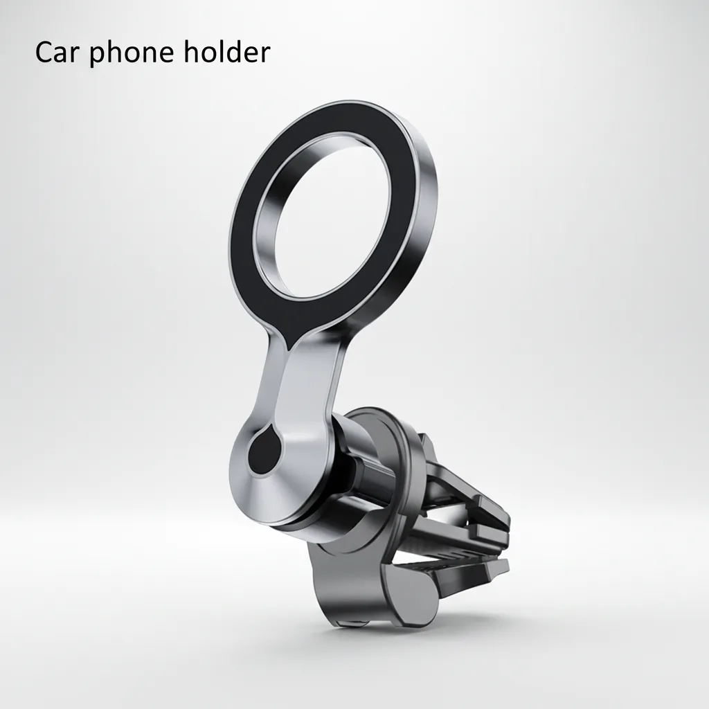 Magnetic car phone holder with silver ring head and black vent clip, front three-quarter studio view