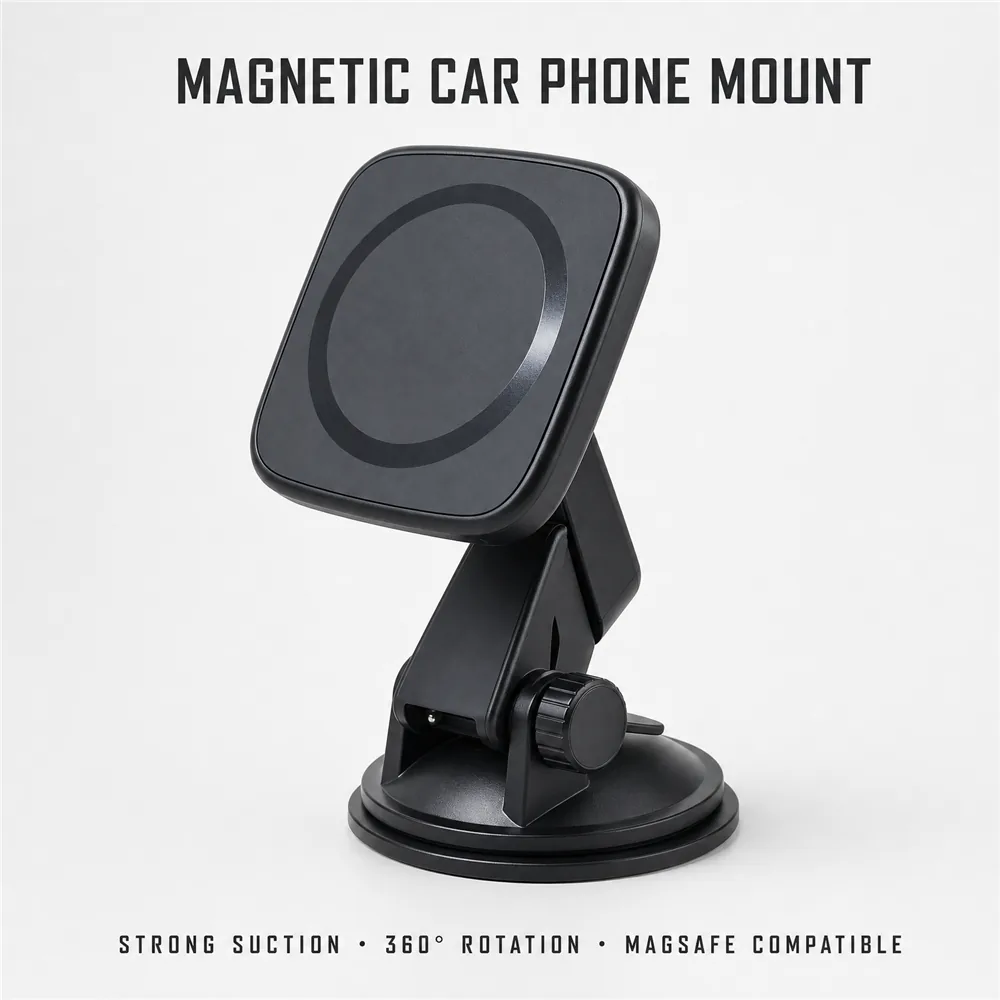 SUNDA magnetic car phone mount in matte black with square magnetic head and suction base