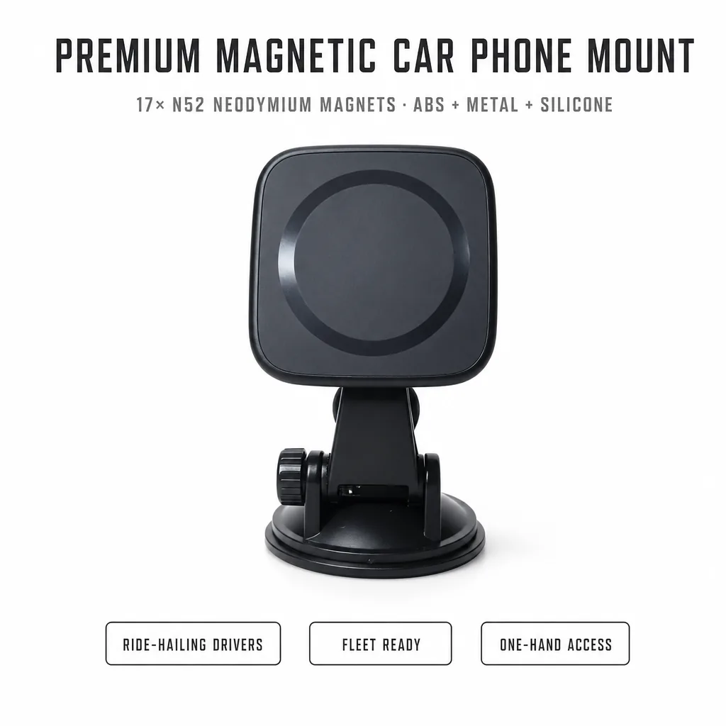 Premium magnetic car mount built with 17x N52 neodymium magnets, ABS metal and silicone