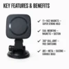 Key features and benefits of the magnetic car mount: 17x N52 magnets, dual mounting, 360 degree ball joint, durable build