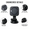Engineered details of the magnetic car mount: N52 magnet ring 54 mm OD 46 mm ID, 360 degree ball joint, anti-slip knob and silicone suction cup