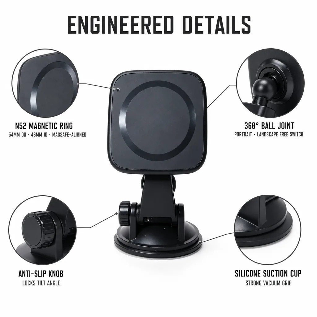 Engineered details of the magnetic car mount: N52 magnet ring 54 mm OD 46 mm ID, 360 degree ball joint, anti-slip knob and silicone suction cup