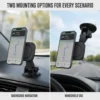 Two mounting options for the magnetic car mount: dashboard navigation and windshield use