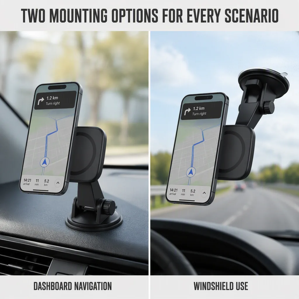 Two mounting options for the magnetic car mount: dashboard navigation and windshield use