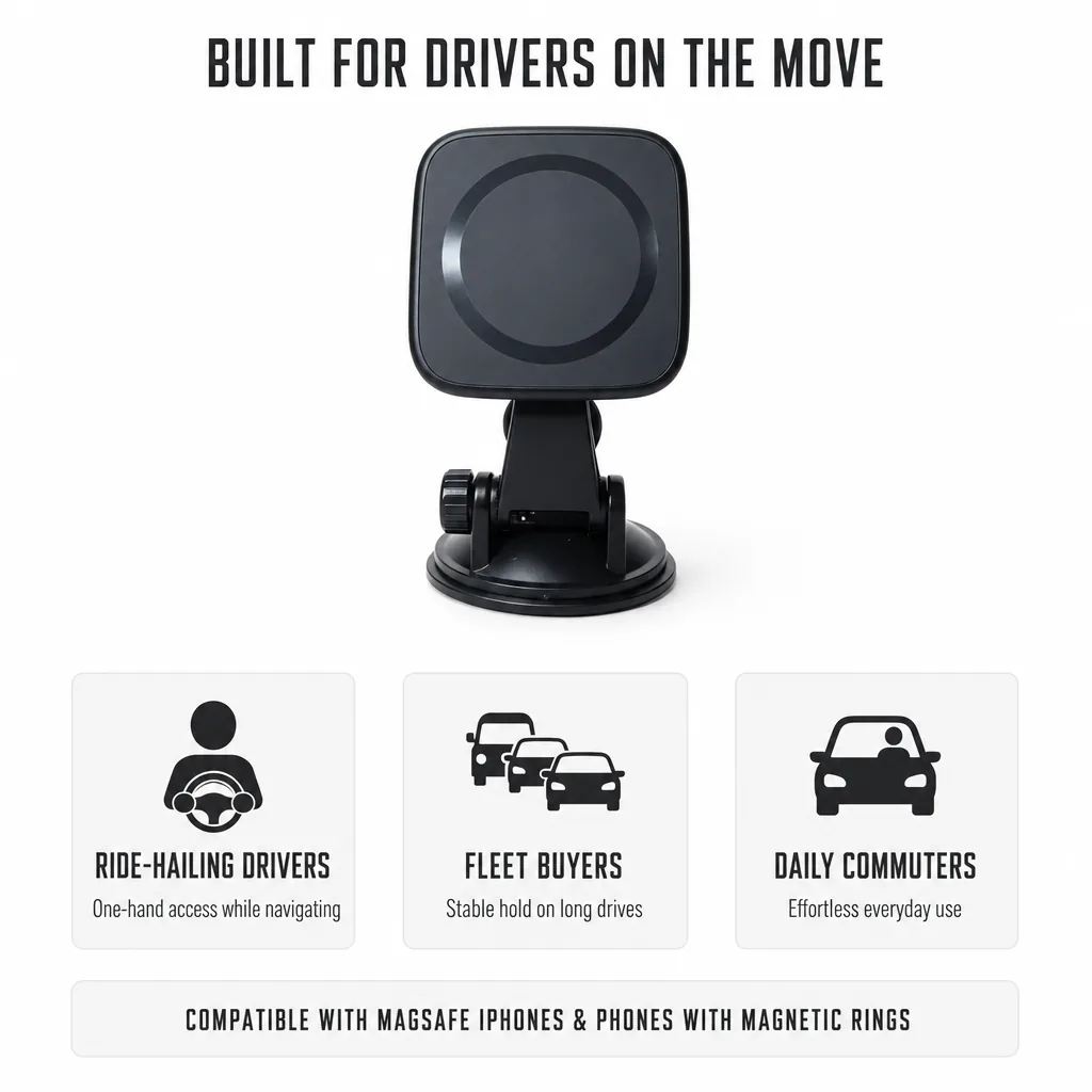 Magnetic car mount shown for ride-hailing drivers, fleet buyers and daily commuters