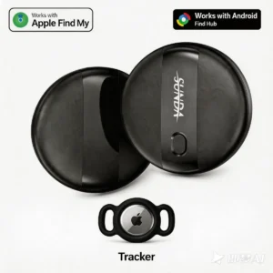 SUNDA pet tracker smart tag in black with cat and dog icons on the housing, studio view