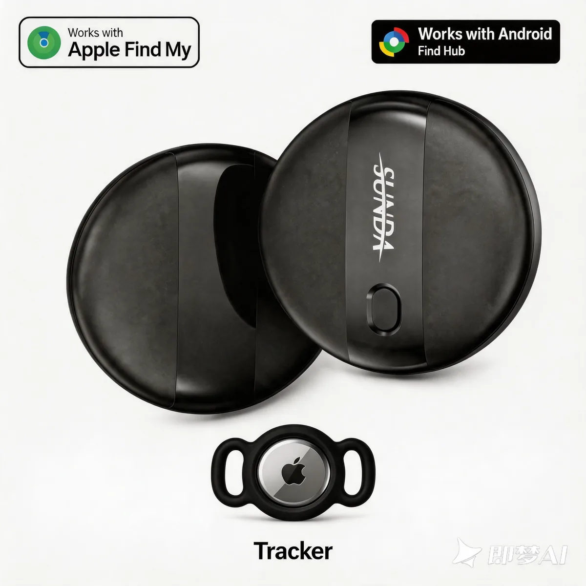 SUNDA pet tracker smart tag in black with cat and dog icons on the housing, studio view