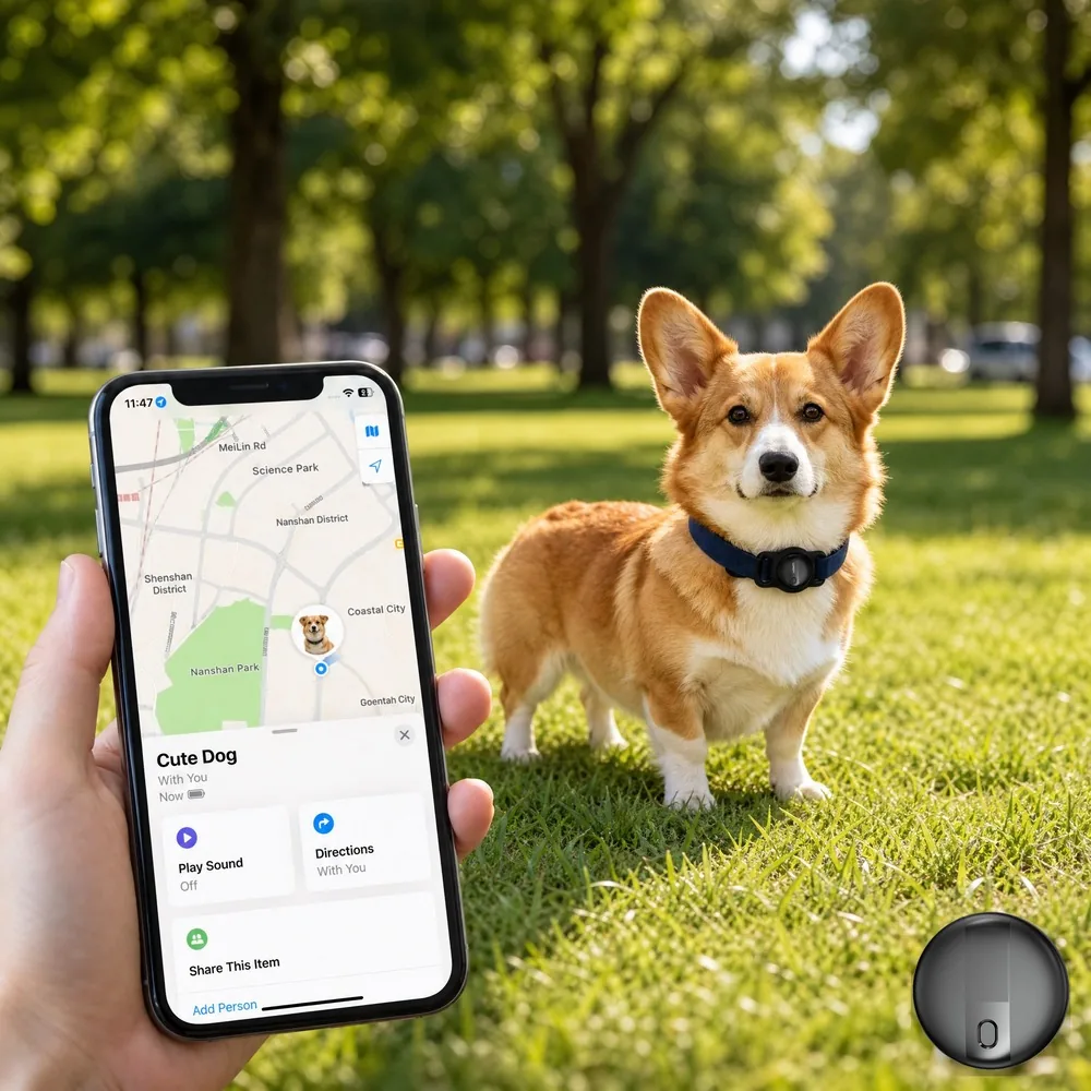 Hand holding a phone showing the finder app next to a dog wearing the SUNDA tracker on its collar