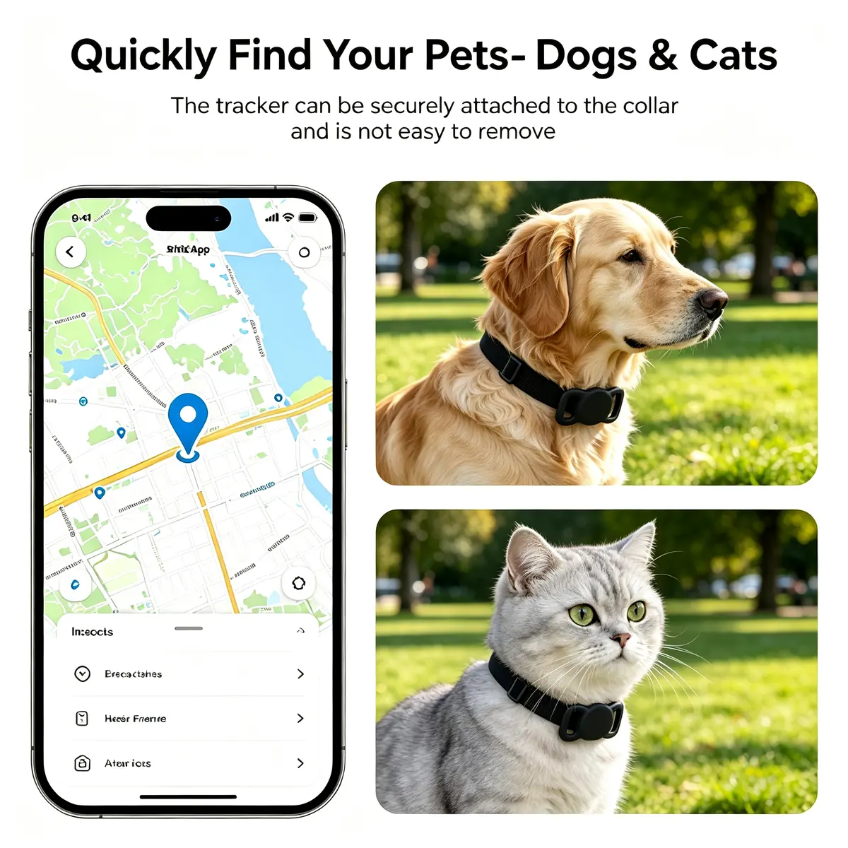 Quickly find your pets, dogs and cats: map view of the SUNDA tracker app with a cat and a dog