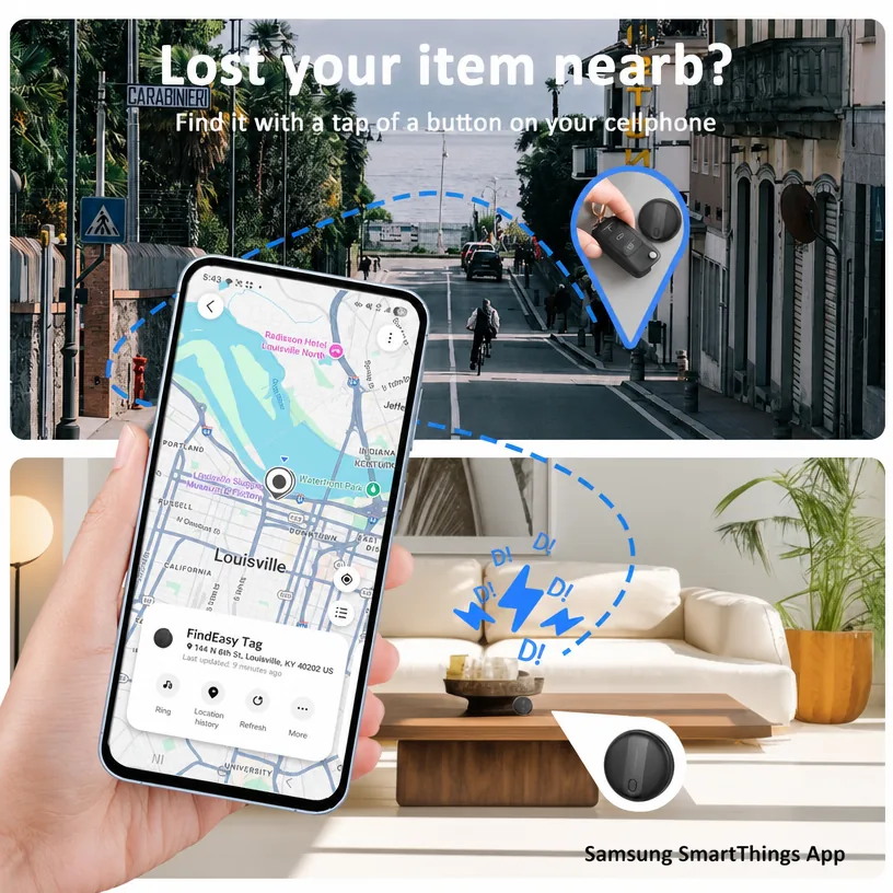 Keep your pet safe: phone in hand showing the tracker location while the dog stays on its rug