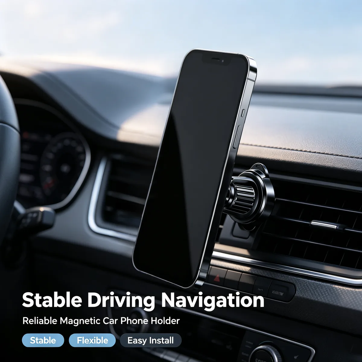 Phone held upright on the ring magnetic vent mount while driving, stable driving navigation