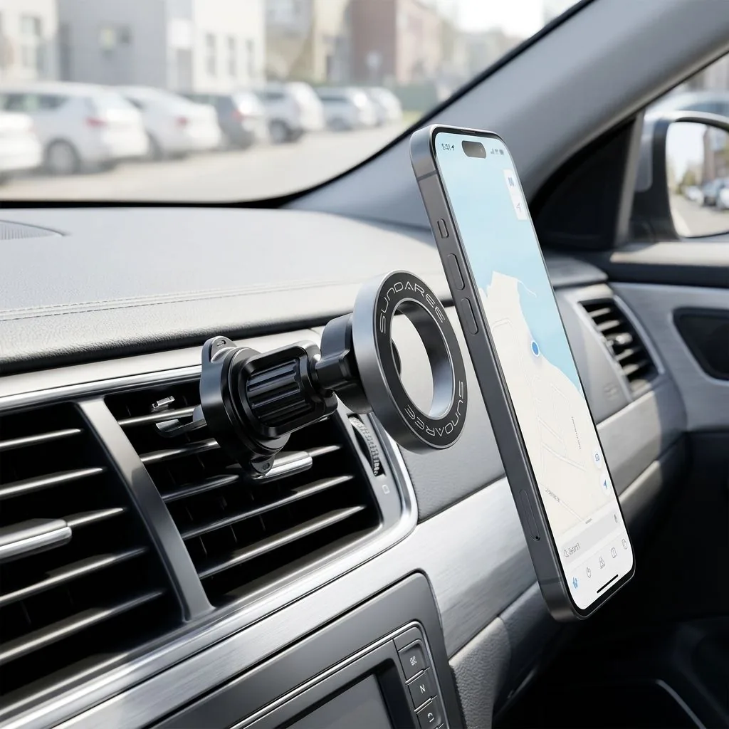 Ring magnetic car mount installed on a car air vent with the phone in place, in-car shot