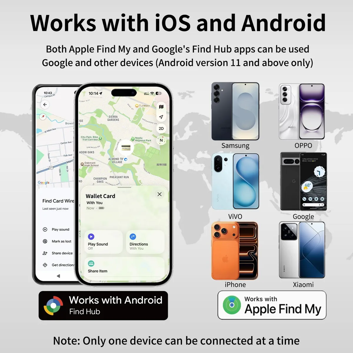 Four SUNDA smart tags laid out together as a resale multi-pack with the Find My app on a phone
