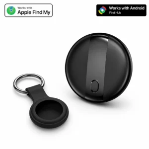 SUNDA round smart tag Bluetooth tracker in black with a key ring, studio view