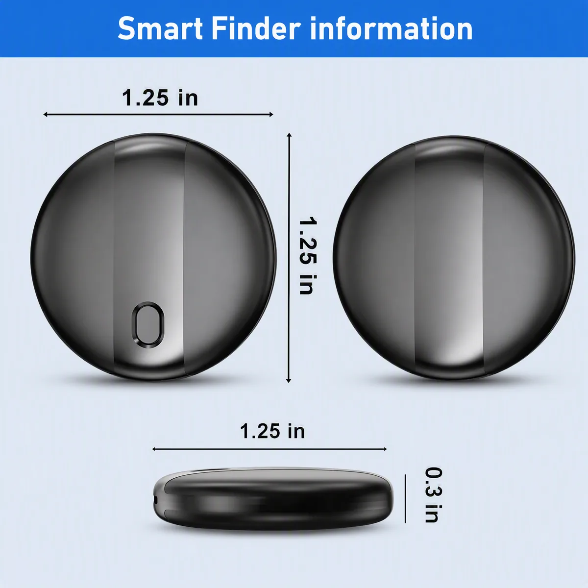 Smart Finder information sheet with the 1.25 inch diameter and 0.3 inch thickness of the SUNDA smart tag