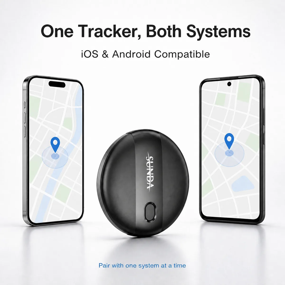One tracker both systems: the SUNDA smart tag shown with an iPhone and an Android phone