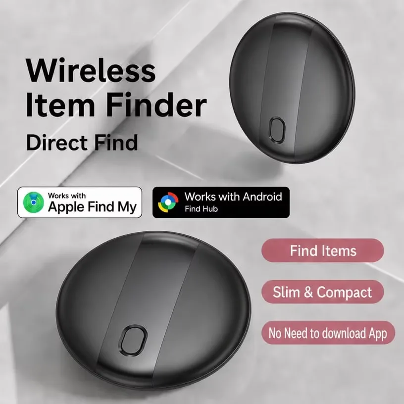 Wireless item finder: the SUNDA smart tag shown with its Apple Find My and Android Find Hub badges