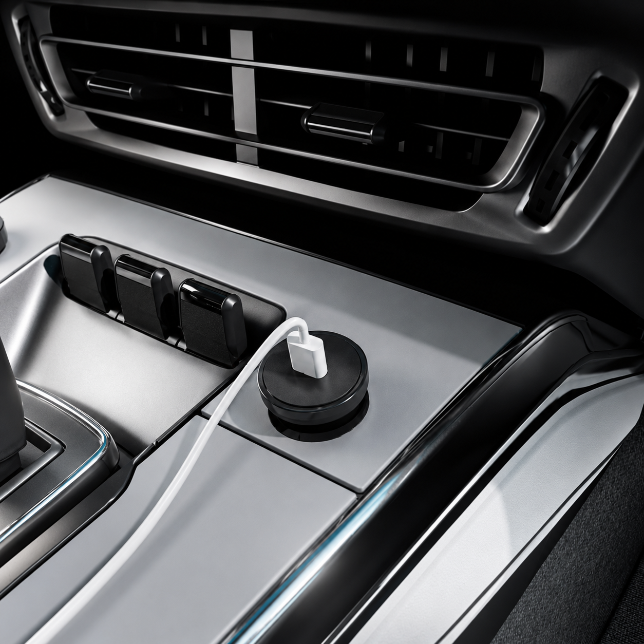 USB-C charger connected inside a car console