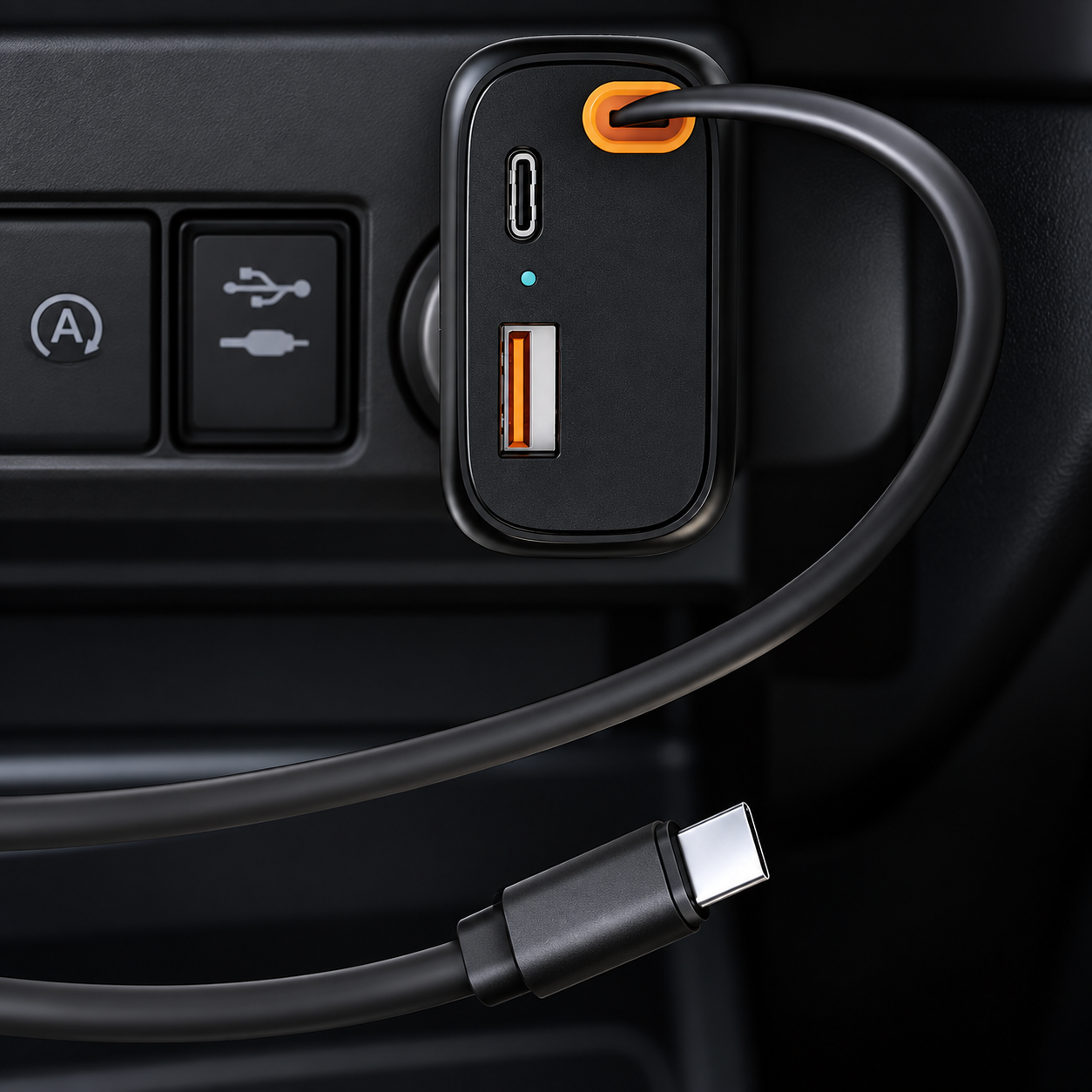 USB-C PD charger and cable connected in a vehicle port