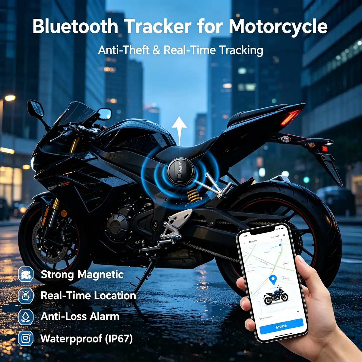 Bluetooth tracker for motorcycles: the hidden SUNDA tracker on a motorbike with the app open