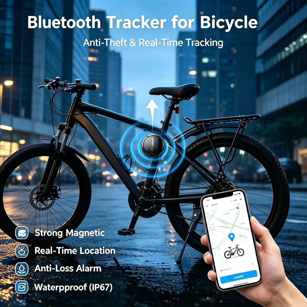 Bluetooth tracker for bicycles: the hidden SUNDA tracker on a city bike with the map open