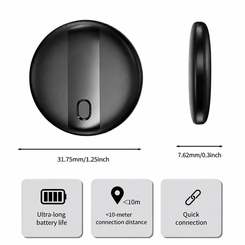SUNDA anti-theft tracker shown from the front and in profile with the 31.75 mm diameter, 7.62 mm thickness and 10 metre connection distance callouts