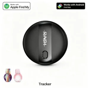 SUNDA wearable anti-lost tracker in black with a pink lanyard and a pink earbuds case, studio view