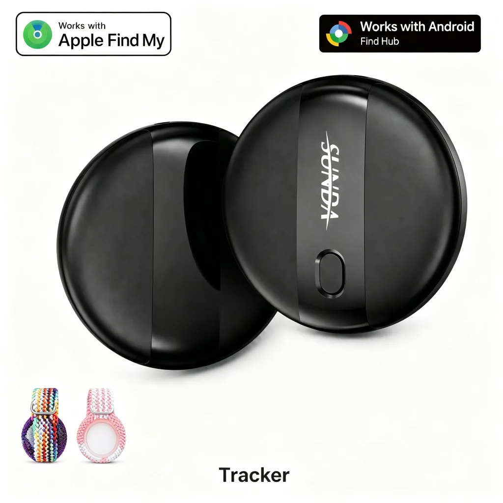Close view of the SUNDA tracker with its strap next to a pair of earbuds