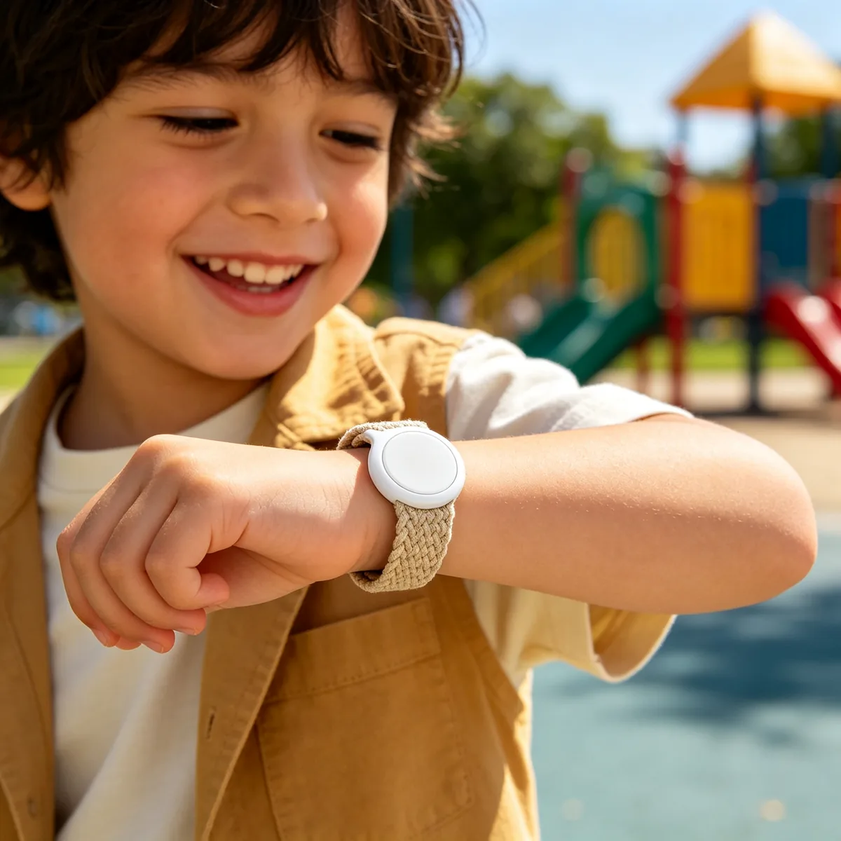 Child wearing the SUNDA anti-lost tracker on a wrist strap in a playground