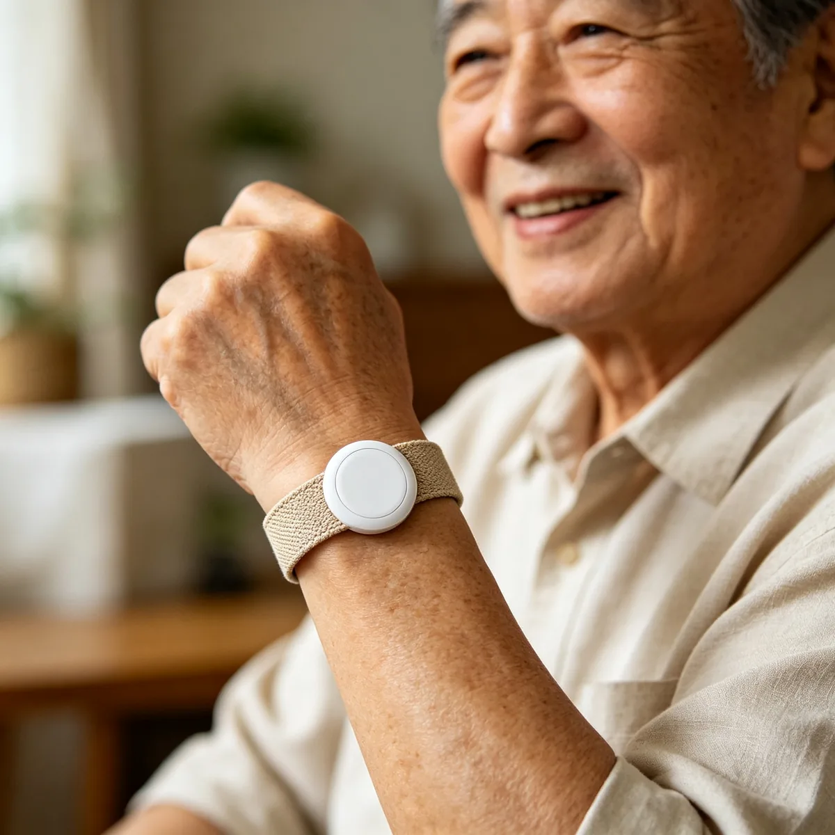 Elderly man with the SUNDA anti-lost tracker worn on the wrist while sitting at home