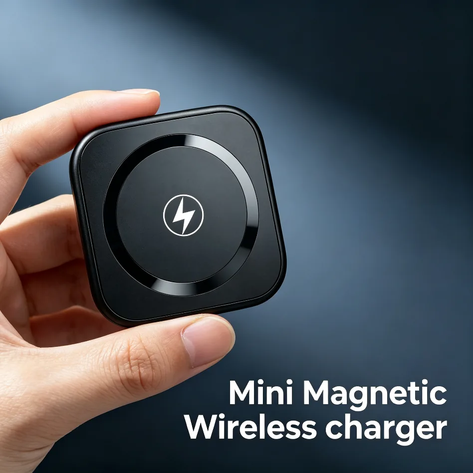 Hand holding the mini magnetic wireless car charger, compact cable-free vent mount body