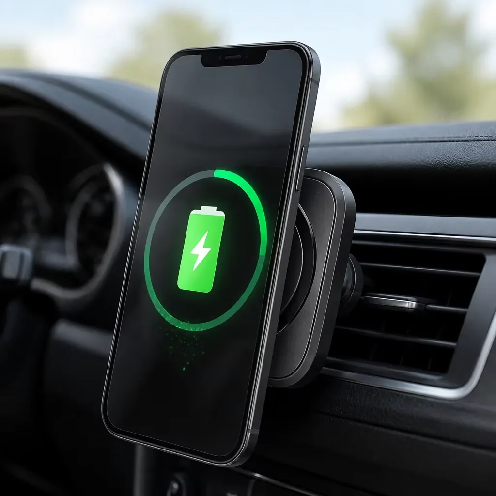 iPhone charging at 15W on the magnetic wireless car charger clipped to a car air vent