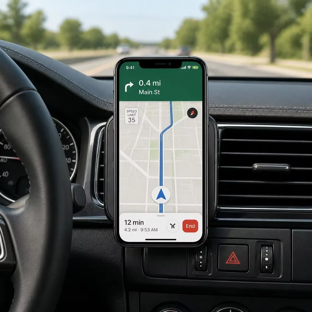Phone running in-car navigation on the 15W magnetic wireless car charger mount