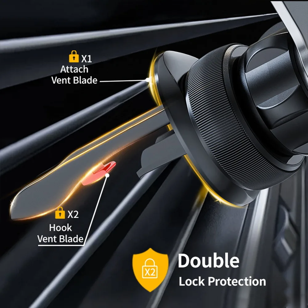 Double lock vent clip of the magnetic car mount gripping an air vent blade, X1 attach and X2 hook