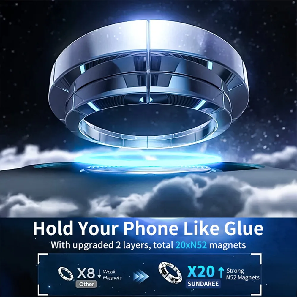 Two-layer magnetic head render with 20x N52 neodymium magnets holding a phone like glue