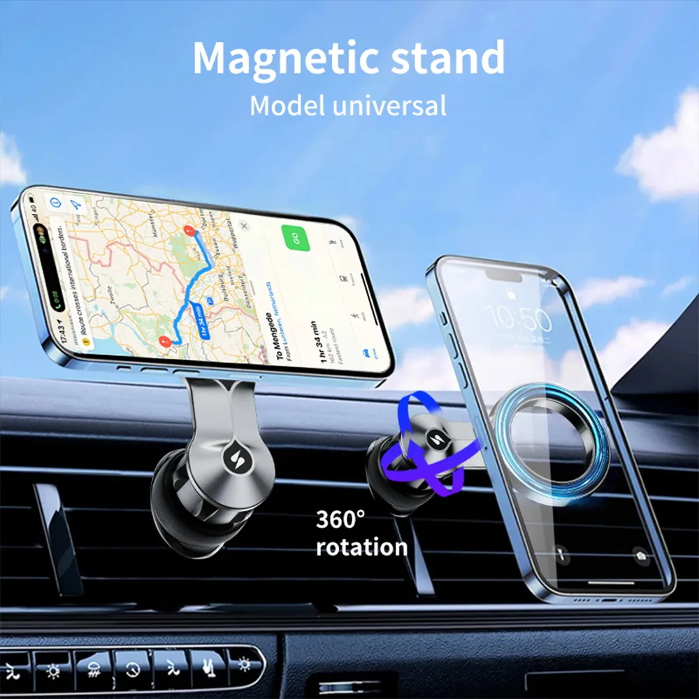 Magnetic car mount on a dashboard air vent with the phone rotated 360 degrees between portrait and landscape