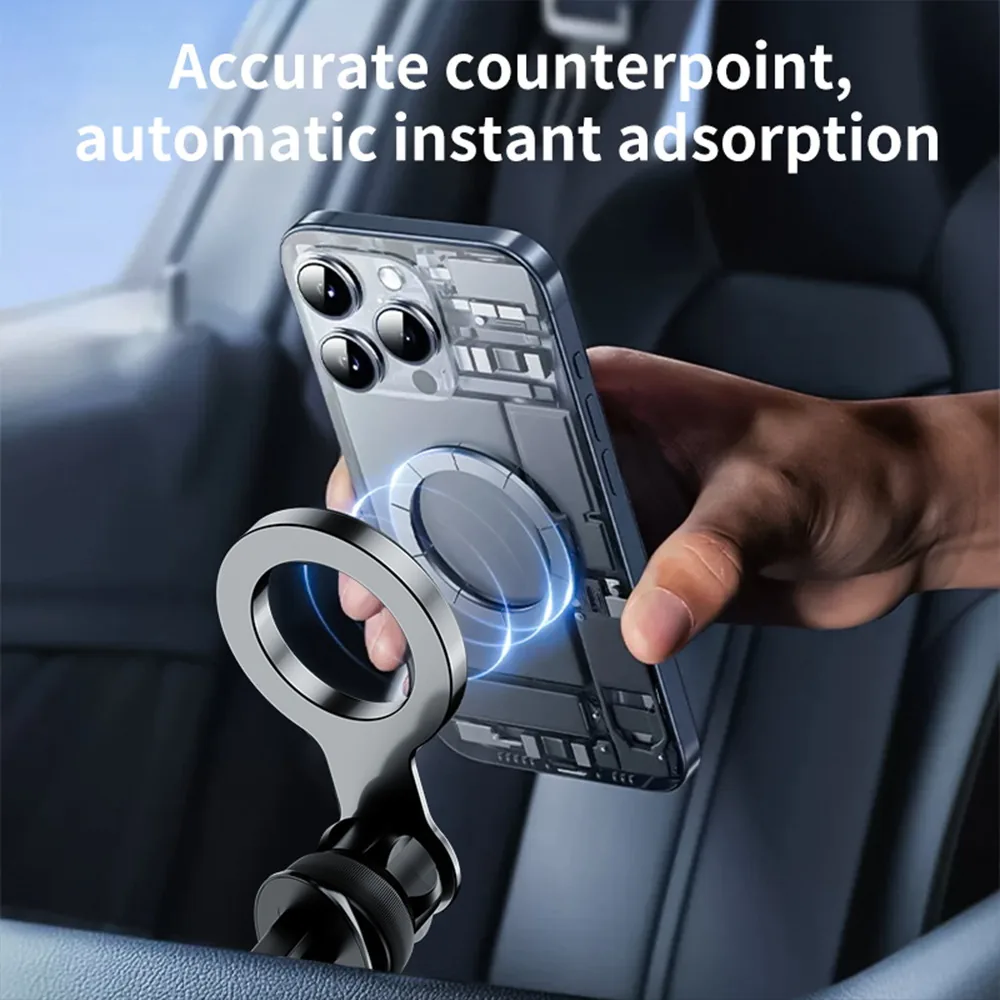 Hand bringing a phone towards the magnetic car mount for automatic instant adsorption